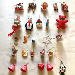 25 Assorted Ornaments Festive Holiday Ornament Set - Red, White, Green Used